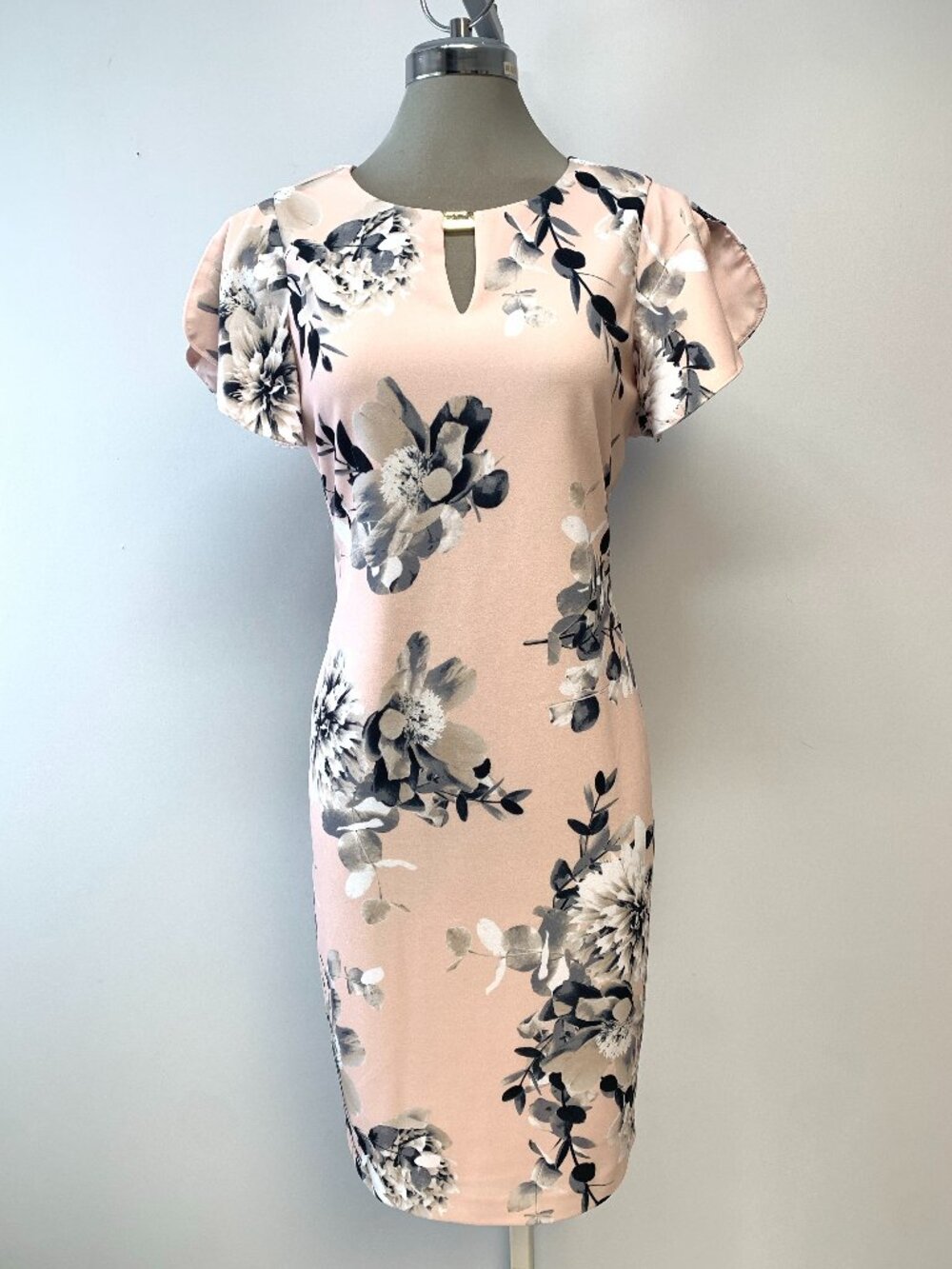 New CALVIN KLEIN Floral Blush Pink Keyhole Split Sleeve Sheath Dress size 6
